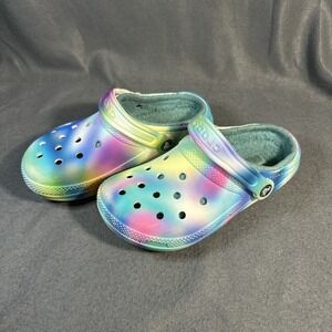 Crocs Classic Lined Clog M4 W6 Rainbow Ombre Fuzzy Cozy Slip On Shoes Multicolor